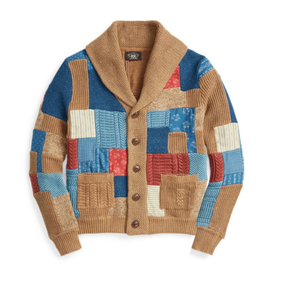 Ralph Lauren’s double RL Indigo Patchwork Shawl-Collar Cardigan knit